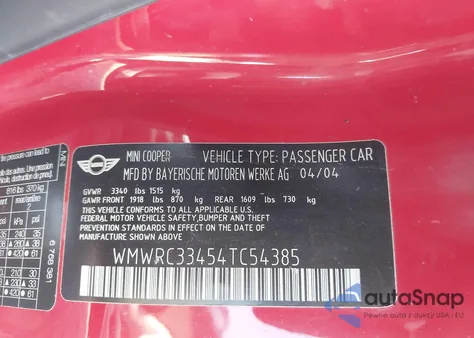 2004 Mini Cooper from USA, damaged, VIN WMWRC33454TC54385